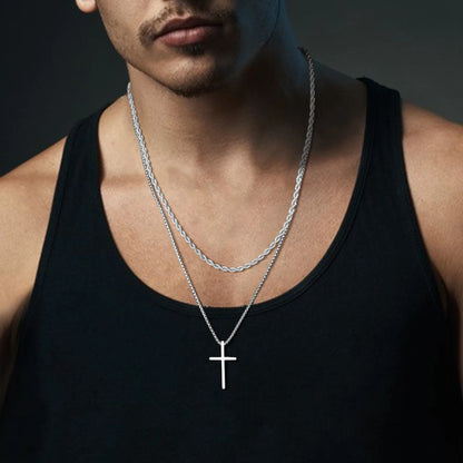 Vnox Mens Cross Necklaces, Stainless Steel Layered Plain Cross Pendant, Rope Box Chain Necklace, Simple Prayer Jesus Collar